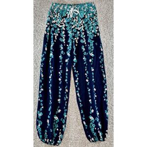 Urban Coco Boho Jogger Pants Womens Small Beach Lounge Drawstring Floral Blue